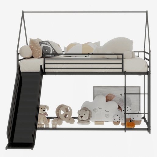 Cama alta dupla para crianças - com escorregador e formato de casa, sem colchão - Preto