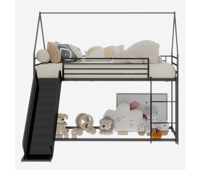 Cama alta doble para niños - con tobogán y forma de casa, sin colchón - negro