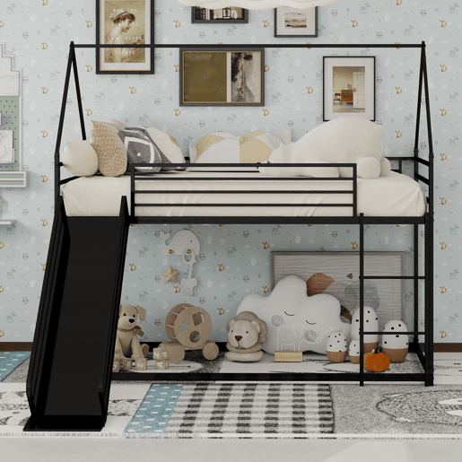 Cama alta dupla para crianças - com escorregador e formato de casa, sem colchão - Preto
