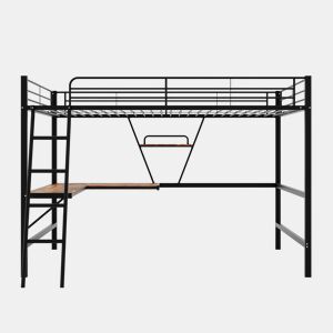 Cama mezzanine em ferro - 90x200 cm - com secretária de canto e prateleira - Preto