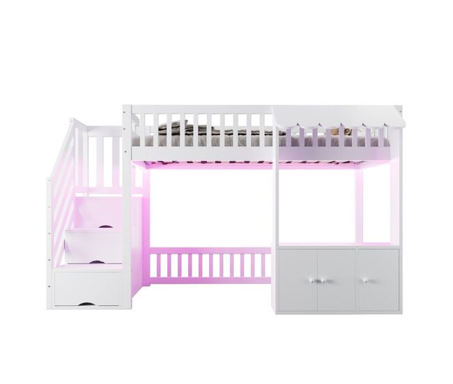 Cama alta madera 90x200 cm - armario y escalera con almacenamiento, led, diseño bordes - blanco