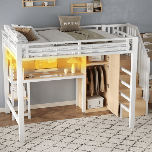 Beliche metálico 140x200 - com secretária, estante, roupeiro e escada com espaço de arrumação - branco