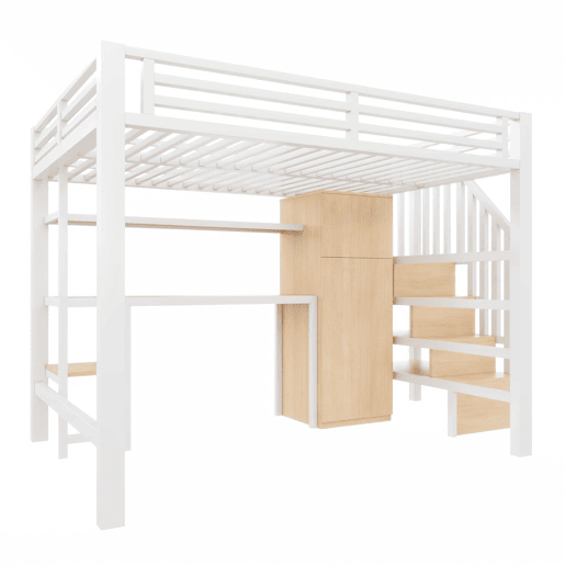 Beliche metálico 140x200 - com secretária, estante, roupeiro e escada com espaço de arrumação - branco
