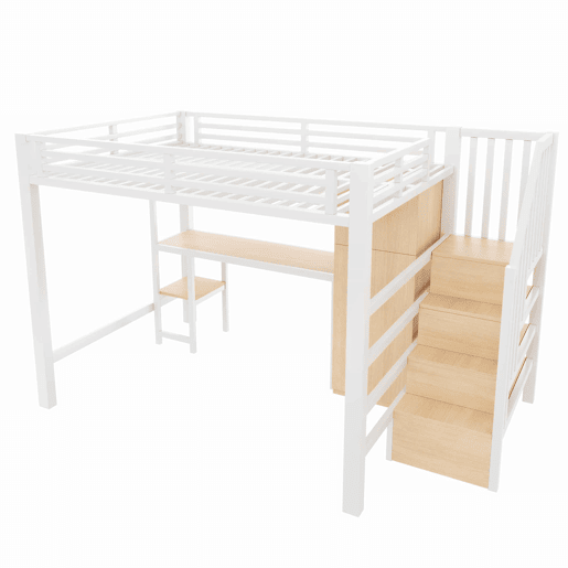 Beliche metálico 140x200 - com secretária, estante, roupeiro e escada com espaço de arrumação - branco