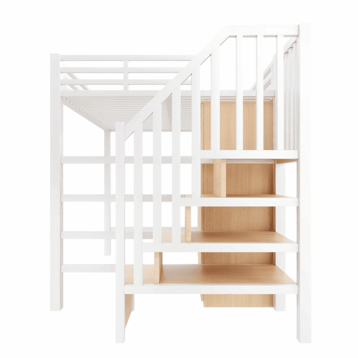 Beliche metálico 140x200 - com secretária, estante, roupeiro e escada com espaço de arrumação - branco