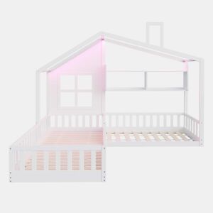 Cama infantil 90 x 200 cm (140 x 70 cm) u2013 com prateleiras, luz LED e gaveta de madeira com grade de segurança u2013 Branco