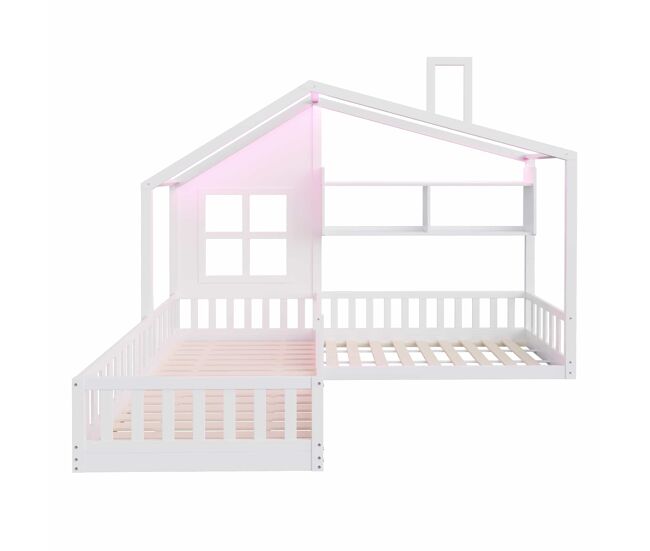 Cama infantil 90x200 cm (140x70 cm) - con estantes, luz led y cajón de madera con barandilla de seguridad - blanco