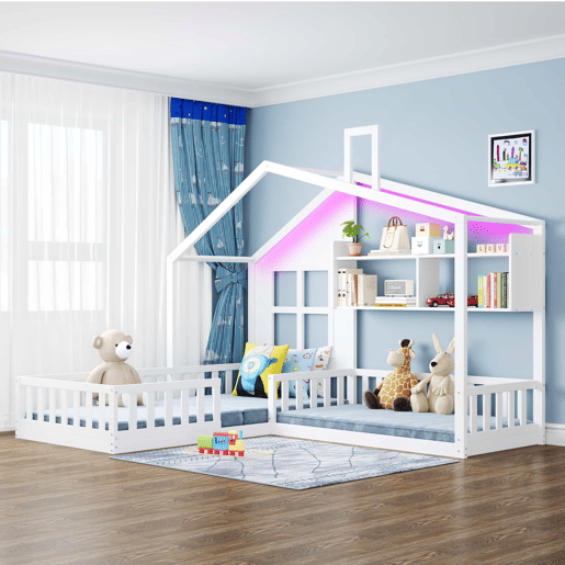 Cama infantil 90 x 200 cm (140 x 70 cm) u2013 com prateleiras, luz LED e gaveta de madeira com grade de segurança u2013 Branco