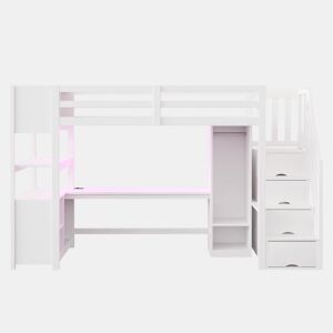 Cama alta 90x200 - armário, secretária, escada com arrumação, LED e tomadas - branca