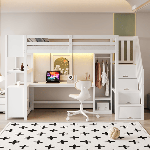 Cama alta 90x200 - armário, secretária, escada com arrumação, LED e tomadas - branca