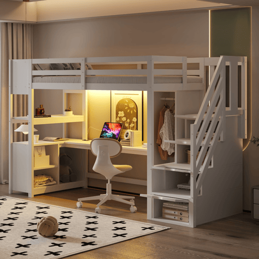 Cama alta 90x200 - armário, secretária, escada com arrumação, LED e tomadas - branca
