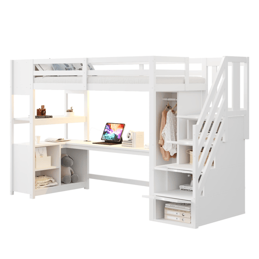 Cama alta 90x200 - armário, secretária, escada com arrumação, LED e tomadas - branca