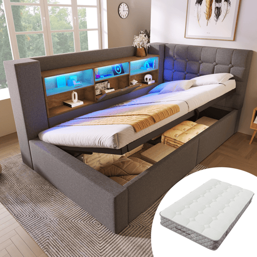 Cama individual 90x200 u2013 LED, armazenamento hidráulico, cabeceira em L com prateleiras u2013 Cinza