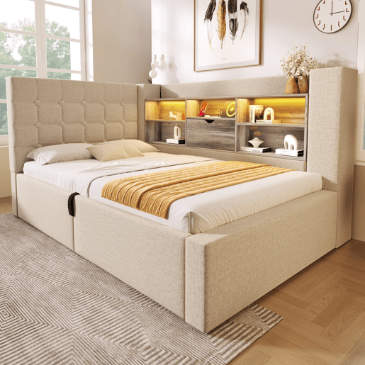 Cama individual 90x200 - LED, armazenamento hidráulico, cabeceira em L, montagem reversível - Bege