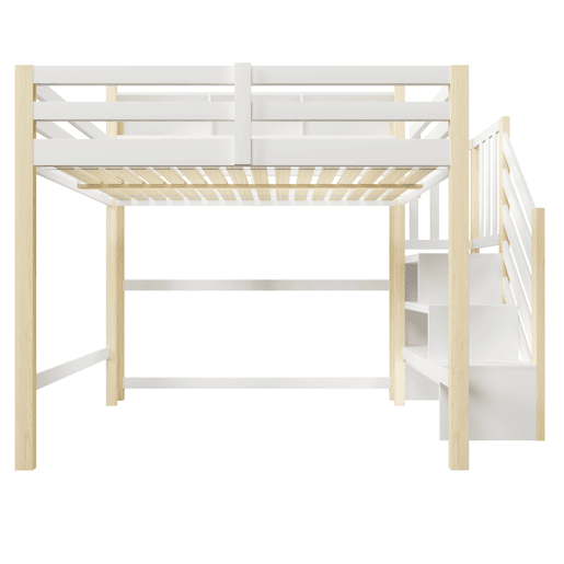 Beliche alto 140x200 cm - com luzes LED, grande espaço de arrumação, escada e prateleira aberta - Branco e natural