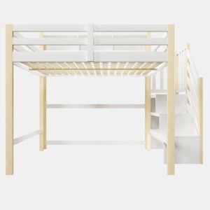 Beliche alto 140x200 cm - com luzes LED, grande espaço de arrumação, escada e prateleira aberta - Branco e natural