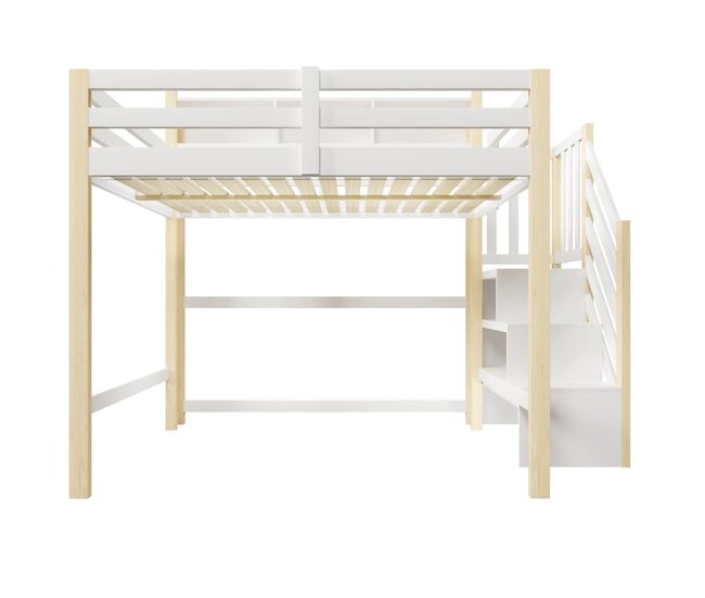 Litera alta 140x200 cm - con luces led, gran almacenamiento, escalera y estante abierto - blanco y natural