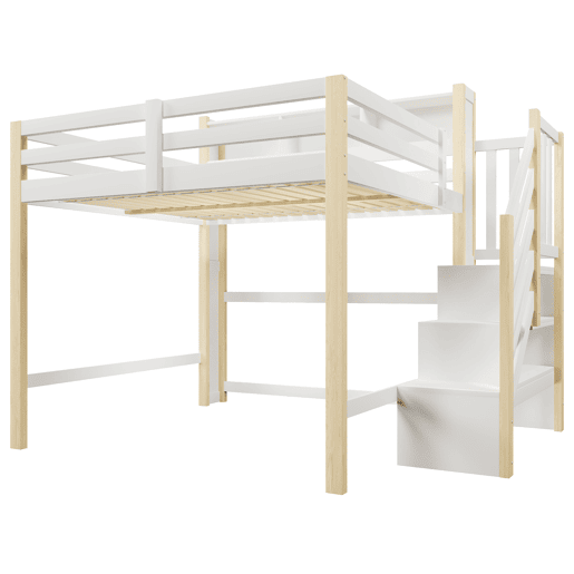 Beliche alto 140x200 cm - com luzes LED, grande espaço de arrumação, escada e prateleira aberta - Branco e natural