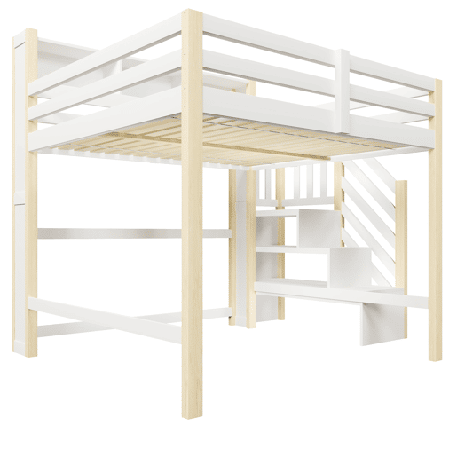 Beliche alto 140x200 cm - com luzes LED, grande espaço de arrumação, escada e prateleira aberta - Branco e natural