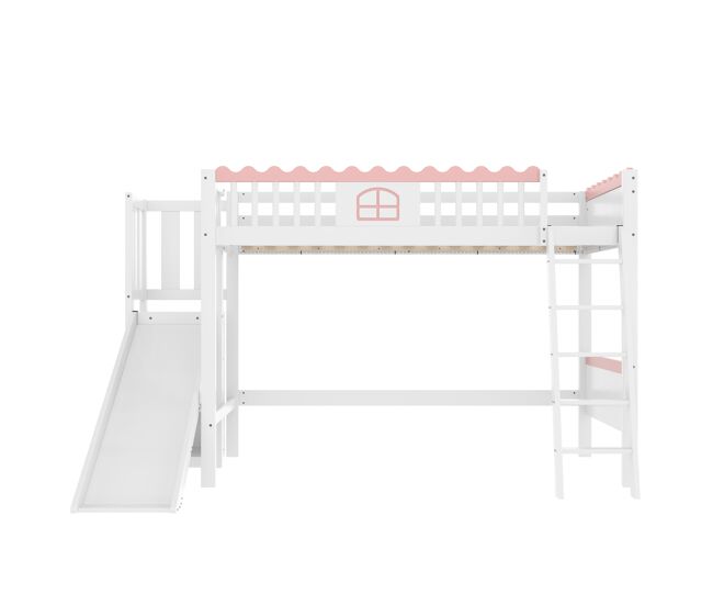 Cama alta infantil 90x200 - con led, estantes, tobogán, certificado en747 - blanco