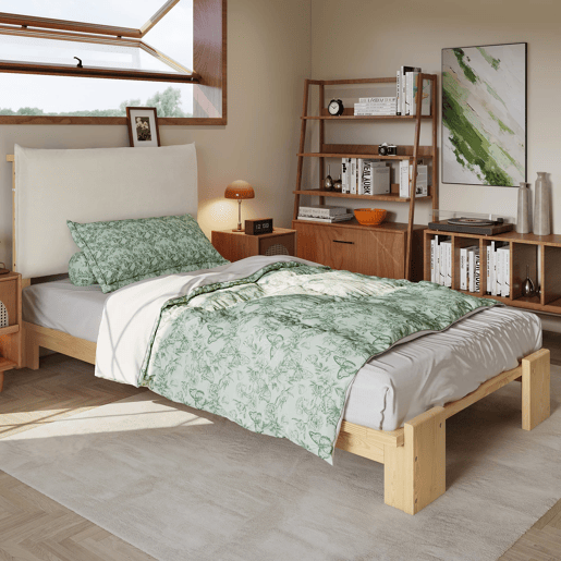 Cama individual 90x200 cm - cabeceira acolchoada, estrado estável, pés largos - natural