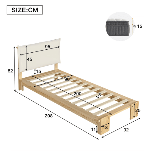 Cama individual 90x200 cm - cabeceira acolchoada, estrado estável, pés largos - natural