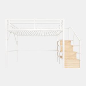Cama alta 140x200 cm - Estrutura em ferro, LED, escada com arrumação, espaço livre - Branco