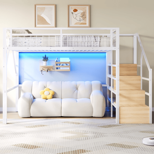 Cama alta 140x200 cm - Estrutura em ferro, LED, escada com arrumação, espaço livre - Branco Cama alta 140x200 cm - Estrutura em ferro, LED, escada com arrumação, espaço livre - Branco