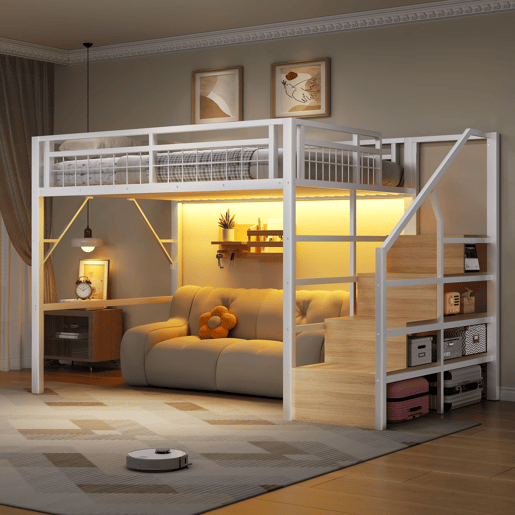 Cama alta 140x200 cm - Estrutura em ferro, LED, escada com arrumação, espaço livre - Branco Cama alta 140x200 cm - Estrutura em ferro, LED, escada com arrumação, espaço livre - Branco
