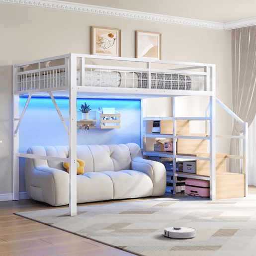 Cama alta 140x200 cm - Estrutura em ferro, LED, escada com arrumação, espaço livre - Branco Cama alta 140x200 cm - Estrutura em ferro, LED, escada com arrumação, espaço livre - Branco