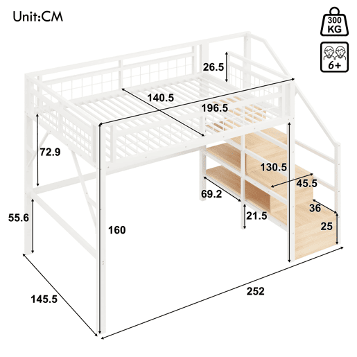 Cama alta 140x200 cm - Estrutura em ferro, LED, escada com arrumação, espaço livre - Branco Cama alta 140x200 cm - Estrutura em ferro, LED, escada com arrumação, espaço livre - Branco