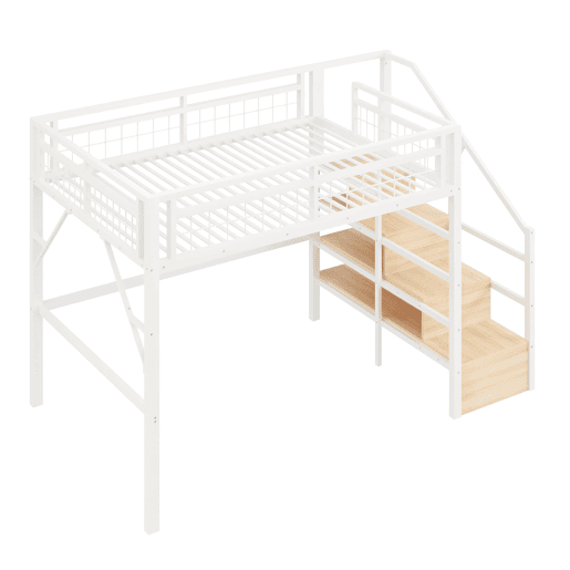 Cama alta 140x200 cm - Estrutura em ferro, LED, escada com arrumação, espaço livre - Branco Cama alta 140x200 cm - Estrutura em ferro, LED, escada com arrumação, espaço livre - Branco