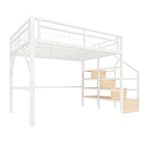 Cama alta 140x200 cm - Estrutura em ferro, LED, escada com arrumação, espaço livre - Branco Cama alta 140x200 cm - Estrutura em ferro, LED, escada com arrumação, espaço livre - Branco