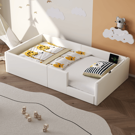Cama plataforma 90x200 - estofada com grade e estação de carregamento - Branca