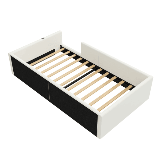 Cama plataforma 90x200 - estofada com grade e estação de carregamento - Branca
