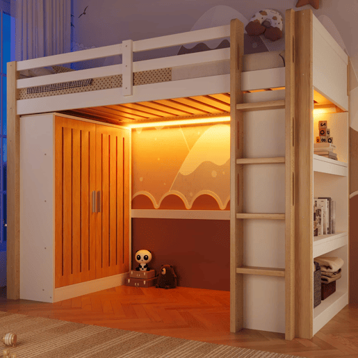 Cama alta 90x200 cm - com luzes LED, armário e estante, sem colchão - branco e natural