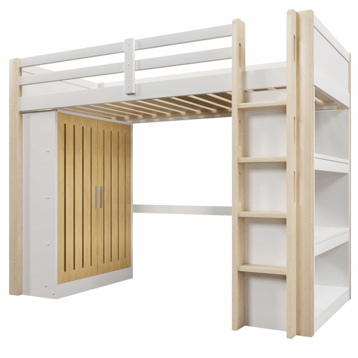 Cama alta 90x200 cm - com luzes LED, armário e estante, sem colchão - branco e natural