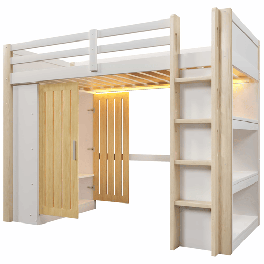 Cama alta 90x200 cm - com luzes LED, armário e estante, sem colchão - branco e natural