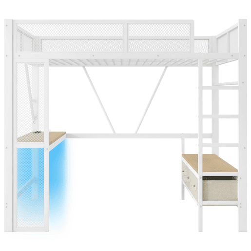 Cama alta infantil 140x200 - Metal, LED, USB, secretária, armário aberto, 3 gavetas - Branco