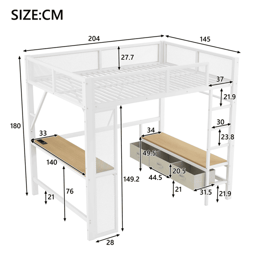 Cama alta infantil 140x200 - Metal, LED, USB, secretária, armário aberto, 3 gavetas - Branco