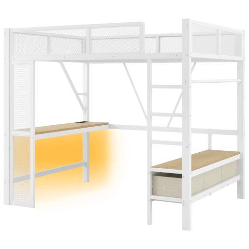 Cama alta infantil 140x200 - Metal, LED, USB, secretária, armário aberto, 3 gavetas - Branco