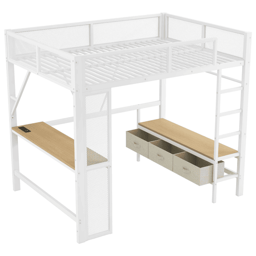 Cama alta infantil 140x200 - Metal, LED, USB, secretária, armário aberto, 3 gavetas - Branco