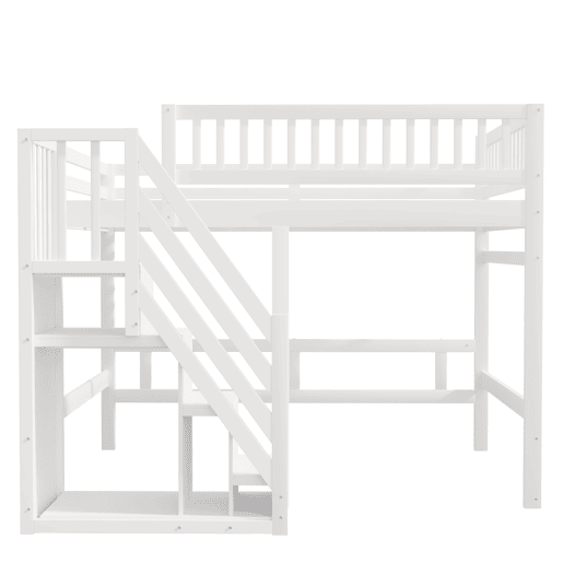 Cama alta em madeira maciça 140x200 - com escada, armário de arrumação e grade alta, cama para crianças e jovens - branco