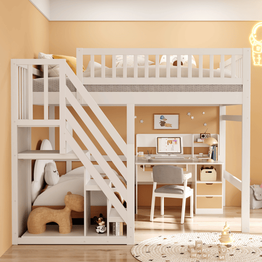 Cama alta em madeira maciça 140x200 - com escada, armário de arrumação e grade alta, cama para crianças e jovens - branco