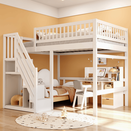 Cama alta em madeira maciça 140x200 - com escada, armário de arrumação e grade alta, cama para crianças e jovens - branco