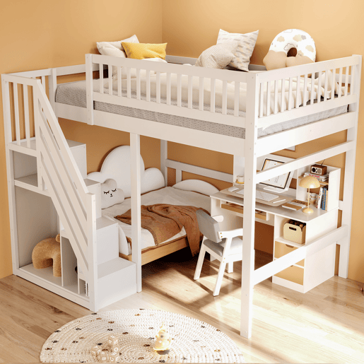 Cama alta em madeira maciça 140x200 - com escada, armário de arrumação e grade alta, cama para crianças e jovens - branco