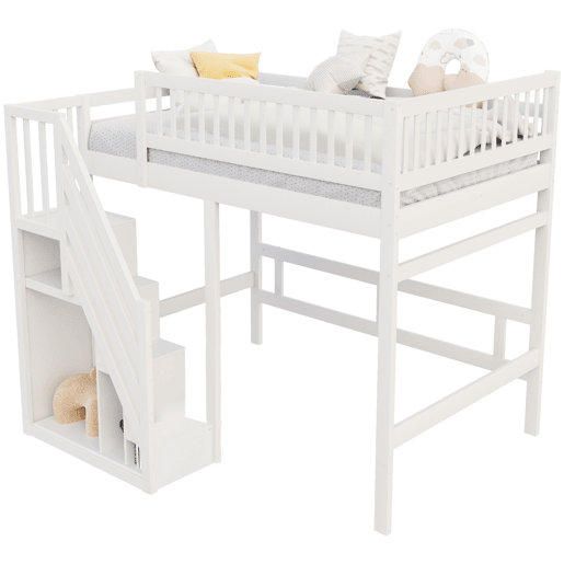Cama alta em madeira maciça 140x200 - com escada, armário de arrumação e grade alta, cama para crianças e jovens - branco