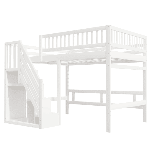 Cama alta em madeira maciça 140x200 - com escada, armário de arrumação e grade alta, cama para crianças e jovens - branco