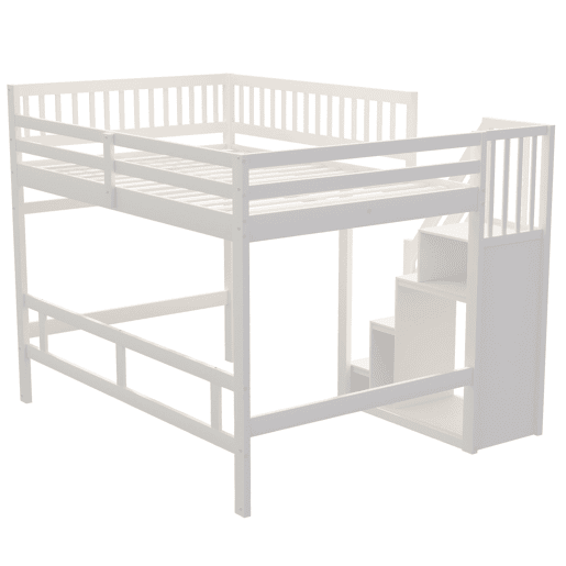 Cama alta em madeira maciça 140x200 - com escada, armário de arrumação e grade alta, cama para crianças e jovens - branco