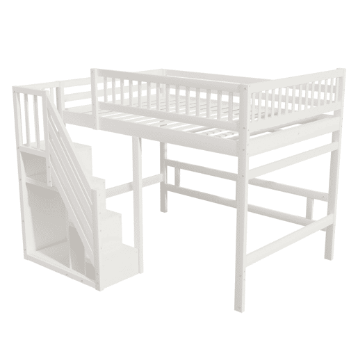 Cama alta em madeira maciça 140x200 - com escada, armário de arrumação e grade alta, cama para crianças e jovens - branco